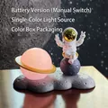 Astronaut sitting on moon with glowing planet lamp on gray lunar crater base, battery powered - Gold Painted C-Style Astronaut - Battery Version
