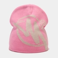 Close-up of pink knitted beanie featuring textured vertical ribs and a beige jacquard W pattern - One Size / Beige + Pink