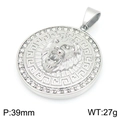 Silver-tone hip hop lion head pendant with Roman numerals and crystals, 39mm diameter - Type B Greek Key Rhinestone (KP116407-MZOZ) / Square Snake Chain / Steel