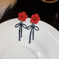 Elegant red velvet rose earrings with long matte black bows and pearl stud details - Rose Petal Bow Long Style (46#)