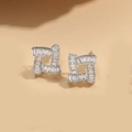 Macro view of silver geometric bow earrings with clear rectangular baguette crystals - ES2560 Square