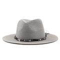 Light gray woven straw jazz hat with beaded trim for summer beach outdoor sun protection - M (56-58cm) / Gray