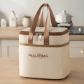 Borsa termica color crema con manici marroni e scritta MEAL BAG sulla parte anteriore - Beige grande