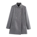 Women's minimalist grey double-breasted wool blend coat with a stand collar and flap pockets - XS / Gray