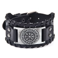 Men's vintage black leather wide bracelet with viking vegvisir compass metal plate - Cowhide/Alloy / Genuine Leather Antique Silver