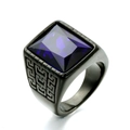 Men's black stainless steel ring with square purple stone and Greek meander patterns - Black Base Blue Gemstone