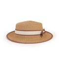 Dettaglio del cappello di paglia stile boater con nastro marrone e fiocco decorativo - Bambini (51-52CM) / Cachi