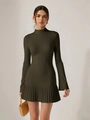 Deep olive green long sleeve mini dress with pleated hem and elegant slim fit design - Green