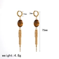 Gold stainless steel hoop earrings with tiger eye stone pendants and long tassel chains - Tassel Oval Stone Style (TE60636)