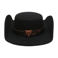 Classic black wool felt cowboy hat featuring a vintage bronze leopard head metal emblem - One Size / Black With Leopard Head Belt