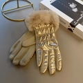 Women's warm winter gloves in gold metallic fabric with brown faux fur cuffs - One Size / Champagne S054