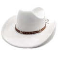 Macro shot of white suede fedora with brown leather band and silver star studs detail - M (56-58cm) / White