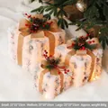 Three-piece set of white snowy Christmas gift boxes with warm LED lights and pinecones - Type A/White Snow Texture With Lights 3PCS Set