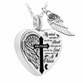 Silver stainless steel heart cremation urn necklace with cross and angel wing for brother - Brother