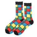 Men's mid-calf socks featuring vibrant colorful square patterns and black polka dot cuffs - Colorful Cubes