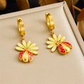Chic gold-plated hoop earrings with red ladybug and flower enamel charms - Ladybug Flower Hoop Earrings (E6252) / Gold