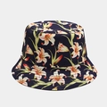 Detailed close-up of navy blue bucket hat with vibrant lily floral pattern and green leaves - One Size / 12# Navy Blue Lily