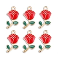 Set of six red rose charms with green leaves and gold plating for jewelry making - Layered Petal Rose