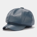 Classic grey-blue faux leather octagonal newsboy cap with premium stitched texture - One Size / Blue