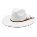 White wool felt wide brim jazz hat with brown braided leather belt and fringe detail - M (56-58cm) / White