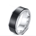 Detailed view of wide titanium steel band ring with polished silver edges and black inlay - US 6 / 8MM Black Silver Two Tone