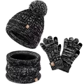 Winter 3-piece knit set with pompom hat scarf and touch-screen gloves in grey marl - Black and White Mixed