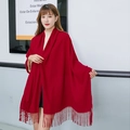 Deep red cashmere scarf with tassels for winter, showcased on a model against white wall - Tassel Style / 220g (200x70cm) / Burgundy