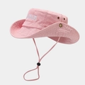 Detail showing pink hiking hat with white Colorado embroidery and adjustable wind cord - One Size / Pink