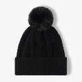 Women's black chunky knit beanie with faux fur pompom and ribbed cuff detail - Black