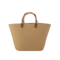 Borsa tote in paglia intrecciata marrone chiaro con manici in bambù e borchie in metallo - Manico in bambù piatto 45cm alto 28cm / caffè