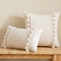 Beige boho fringed cotton linen cushion covers with woven texture on a rattan bench - 30*50cm (No Insert) / Symmetrical Tassel