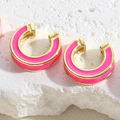 Chic gold-plated C-shape hoop earrings with vibrant neon pink enamel finish - Rose Red