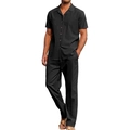 Men's casual black two-piece set with lapel short sleeve shirt and relaxed trousers - M / Black