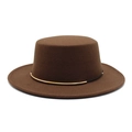Detailed view of the dark brown wool boater hat with a minimalist black and gold metallic trim - M (56-58cm) / Coffee