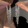 Detailed view of silver layered fringe tassel earrings with shimmering metal chains - Silver Multi-Layer Fine Chain Tassel Style (26#银针-银色)
