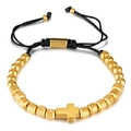 Adjustable gold bead cross bracelet with black woven cord and pineapple texture finish - Gold