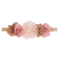 Soft nylon baby headband with five artificial floral embellishments in pink and brown tones - Style 17 (17)