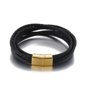 Bracciale multistrato in pelle intrecciata nera da uomo con chiusura magnetica dorata - Chiusura Dorata (KB144032-KFC) / 21cm