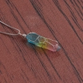 Rainbow crystal pendant necklace with wire wrap and silver chain on wood background - A-NSN0234 Platinum Copper Box Chain