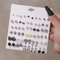 Set of 24 pairs of silver and black stud earrings with pearls, hearts, and stars - E1759-1 Silver Tone Multi-style Set
