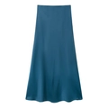 Elegant peacock blue satin midi skirt with A-line silhouette on a white background - Aqua