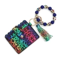 Rainbow leopard print card holder with blue beaded wristlet and matching tassel charm - Colorful Pattern