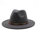 Detail of dark grey wool fedora hat with brown band and vintage metallic buckle - M(56-58cm) / Dark Gray