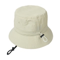 Detail view of the beige bucket hat with adjustable toggle drawstrings and chin strap - Beige