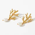 Gold coral drop earrings featuring baroque pearls and small white pearl accents - Gold Coral Style (KD3161)