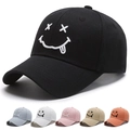 Black cotton baseball cap with embroidered smile face and six multi-color options - Adjustable / White