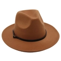 Detail of tan wool fedora hat featuring a thin black leather belt and gold buckle - One Size / Khaki