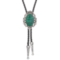 Green malachite bolo tie with silver crown setting and black braided leather cord - Malachite