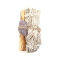 White sage smudge stick with Palo Santo wood and raw amethyst crystal for meditation - Amethyst, Sage And Palo Santo