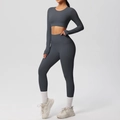 Detail of high waist yoga leggings with functional side pocket in charcoal gray - Graphite Grey